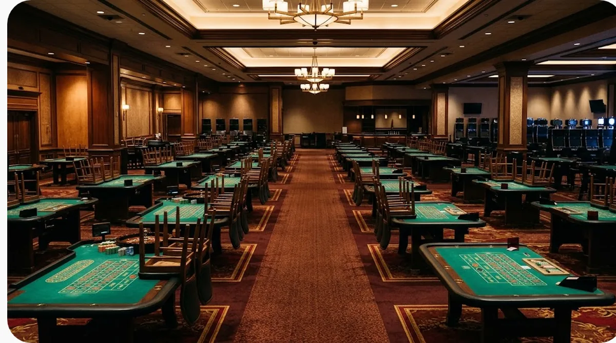 Sàn casino rộng với các bàn chơi phủ nỉ xanh trong ánh đèn vàng dịu