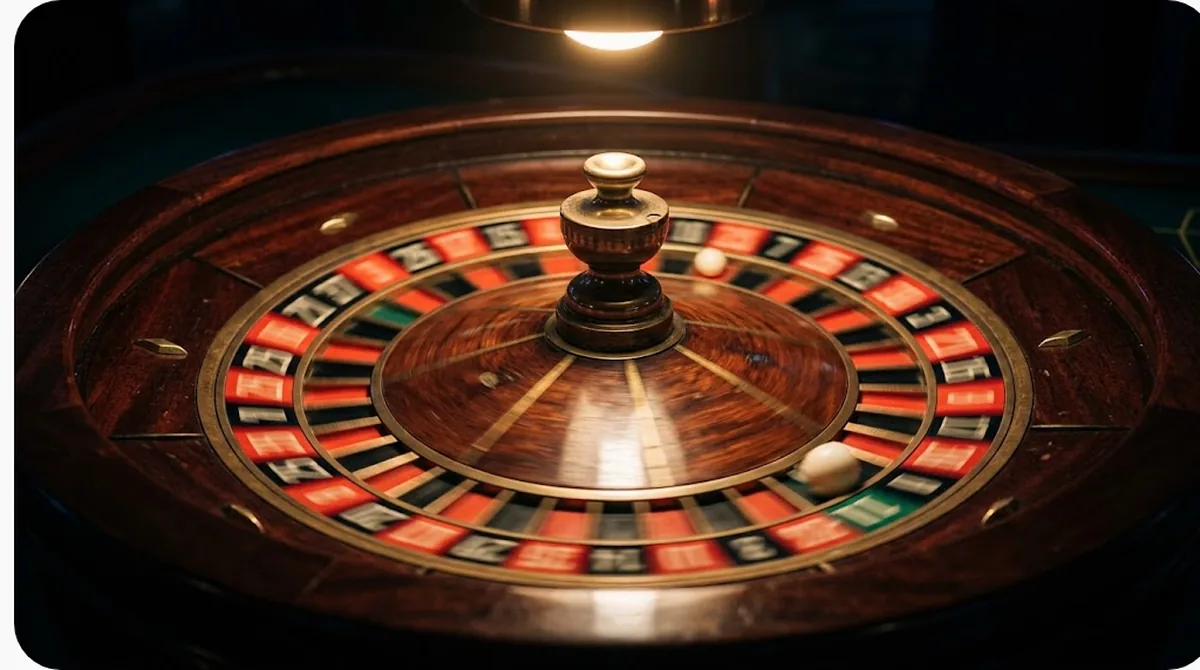 Cận cảnh bánh xe roulette đang quay chậm dần dưới ánh đèn ấm