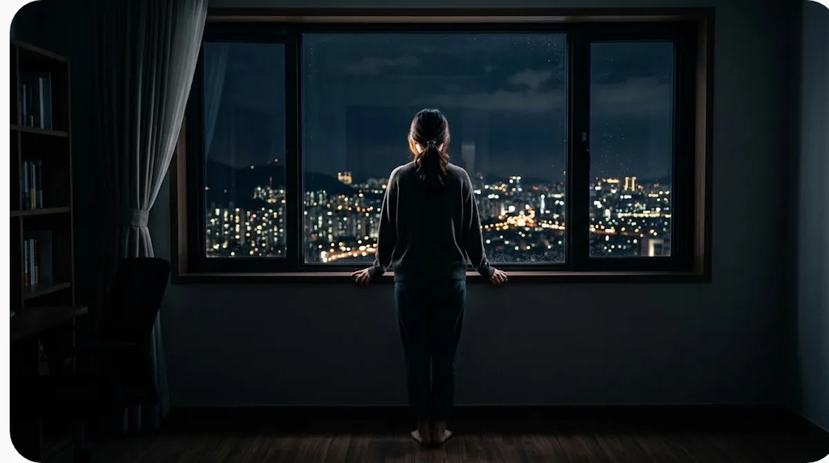 Người đứng bên cửa sổ ban đêm nhìn ra ánh đèn thành phố phía xa